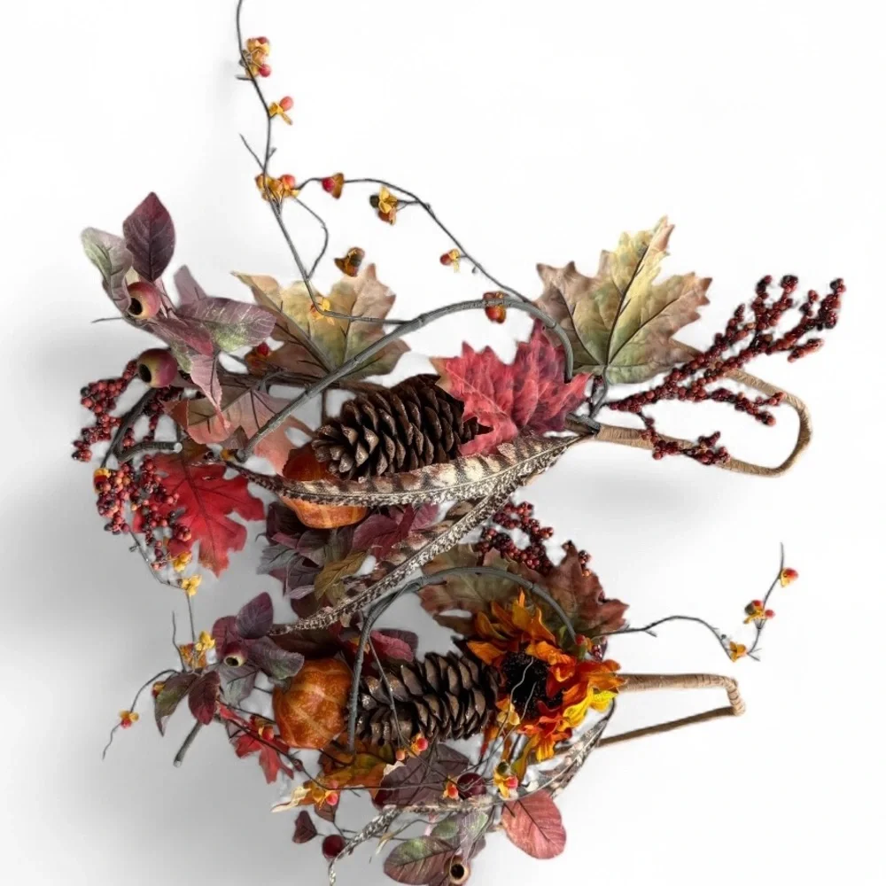 Two Autumn Harvest Pinecone Feather and Leaf Swags